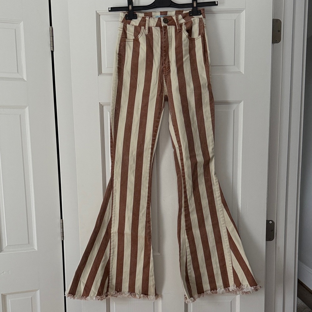 Mumu Blue Striped Flare Pants in Brown and Cream